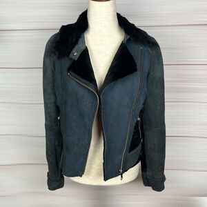 Armani Exchange Charcoal Leather Suede Moto Bomber Jacket Fur Collar Satin Back